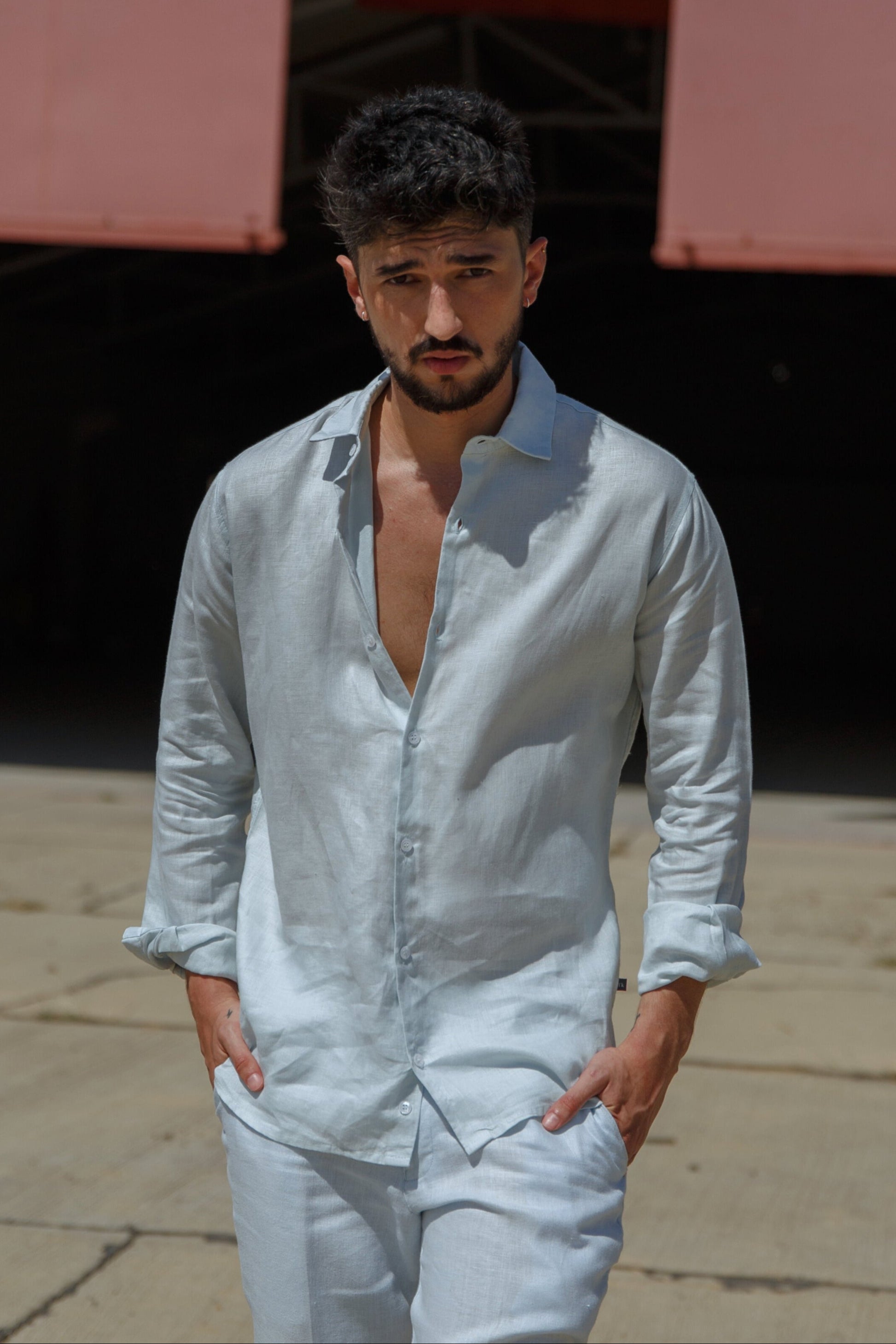 Camisa Manga Larga 100% Lino Aqua